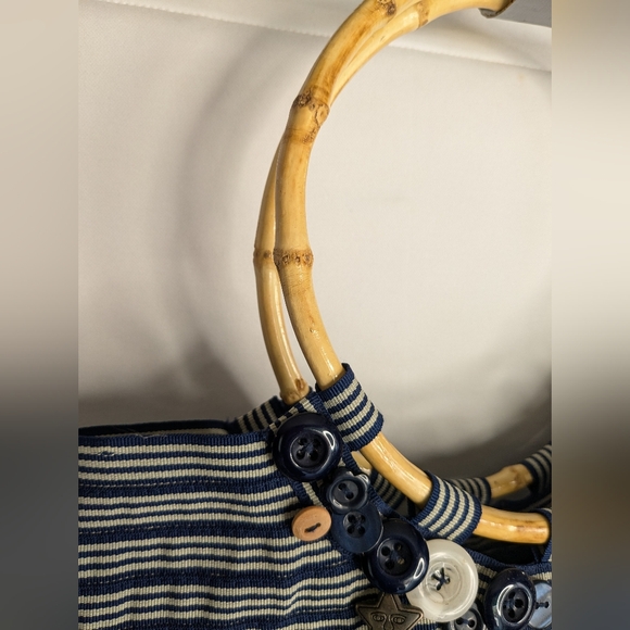 Old Country Road Handbag Bamboo Clutch Polyester Navy Blue Grey Stripes L-2 - Picture 3 of 13